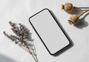 Top View of Smartphone with White Screen on Wrinkled Paper Background with Lavender and Poppy Seed Heads in Harsh Sunlight