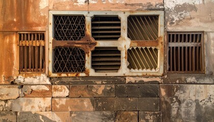 Rusty Grills on Weathered Building Facade.