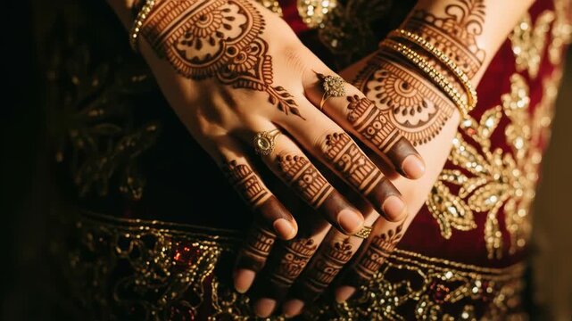 Close-up of bejeweled hands with intricate henna tattoos