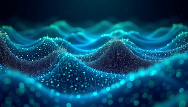 An abstract ocean of glowing binary waves, symbolizing the vastness of digital data and the flow of information in cyberspace.

