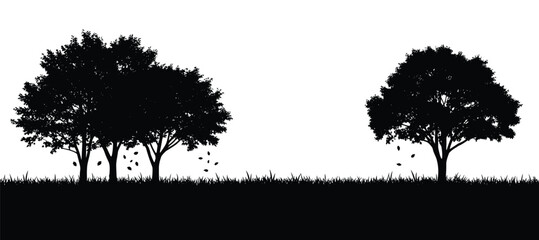 Silhouette of trees and falling leaves on a grassy field against a white background