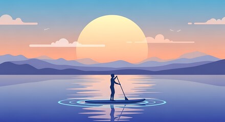 Paddleboarding at Sunset on a Calm Lake with Mountainous Horizon.