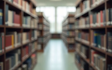 Abstract blurred public library interior space. Blurry room featuring bookshelves through a defocused effect. High quality