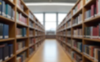 Abstract blurred public library interior space. Blurry room featuring bookshelves through a defocused effect. High quality