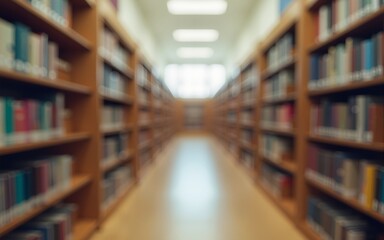 Abstract blurred public library interior space. Blurry room featuring bookshelves through a defocused effect. High quality