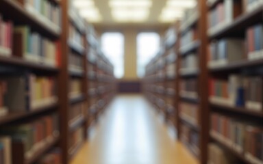 Abstract blurred public library interior space. Blurry room featuring bookshelves through a defocused effect. High quality