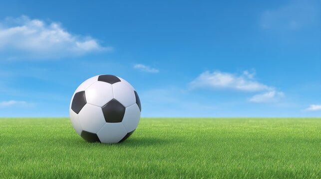 Vibrant soccer ball resting on pristine green grass field under expansive clear blue sky ready for game.