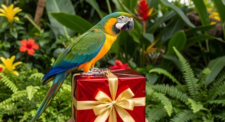 Obraz premium A vibrant blue and gold macaw perches on a shiny red gift box with a gold bow amidst lush tropical foliage and colorful flowers
