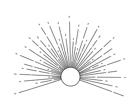 Sunburst outline drawing with radiating rays and blank circle at center, a minimalist graphic design element