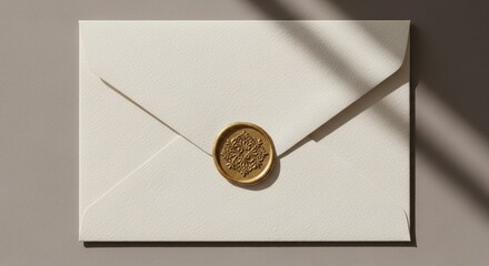 White envelope sealed with ornate golden wax stamp on grey surface with shadows