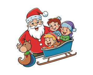 santa claus, riding sleigh, christmas tree, gift, christmas santa, santa sleigh, christmas gift, holiday celebration, Santa playing with children, merry christmas, winter  santa Colourful illustration