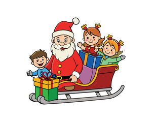 santa claus, riding sleigh, christmas tree, gift, christmas santa, santa sleigh, christmas gift, holiday celebration, Santa playing with children, merry christmas, winter  santa Colourful illustration