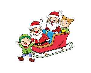 santa claus, riding sleigh, christmas tree, gift, christmas santa, santa sleigh, christmas gift, holiday celebration, Santa playing with children, merry christmas, winter  santa Colourful illustration