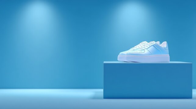 Fashionable white sneakers footwear for casual wear modern design resting on a vibrant blue surface background clean aesthetic.