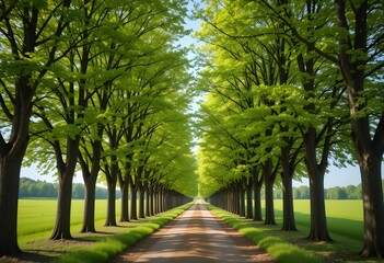 Serene rural road with symmetrical canopy and vibrant foliage. nature wallpaper