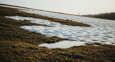 Melting snow patches on a green and brown grassy field in early spring sunlight