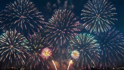 Stunning 4K fireworks display fills sky vibrant colors radiant bursts beautifully celebrating grand arrival year 2026 joyful cinematic energetic New Year’s Eve atmosphere