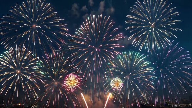 Stunning 4K fireworks display fills sky vibrant colors radiant bursts beautifully celebrating grand arrival year 2026 joyful cinematic energetic New Year&rsquo;s Eve atmosphere