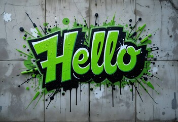 Bright green graffiti word Hello painted on rough concrete wall, urban street art explosion design graphic message