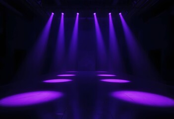 Dramatic purple light beams. vibrant smooth floor, abstract dark event venue, fashion runway show template, entertainment production design concept.