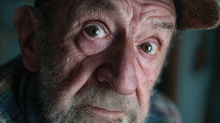 Elderly man with wide frightened eyes and wrinkled skin wearing cap and plaid shirt, dramatic close up portrait showing emotion and texture