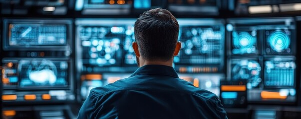 A person sits in front of multiple high-tech screens displaying data and graphics, immersed in analysis or monitoring tasks.