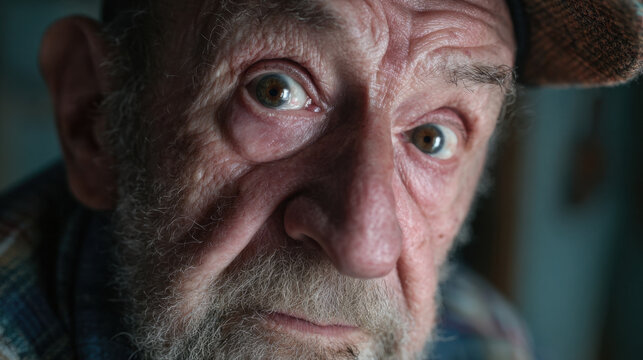 Elderly man with wide frightened eyes and wrinkled skin wearing cap and plaid shirt, dramatic close up portrait showing emotion and texture