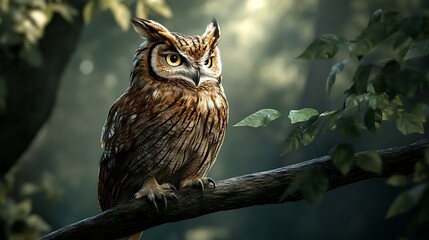 Obraz premium A majestic great horned owl with intense yellow eyes perches on a thick branch in a sunlit forest.