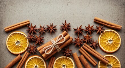 Warm spices and dried orange slices for autumn and winter holiday cooking