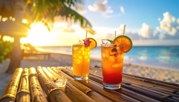 Tropical Beach Sunset With Two Colorful Cocktails On A Bamboo Table With Palm Trees And Ocean Waves In The Background