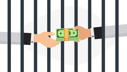 Flat style vector illustration of two anonymous hands exchanging a stack of green money bills through vertical prison bars, representing bribery and jail corruption.