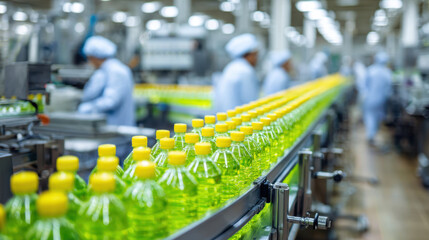 Clean modern beverage manufacturing factory interior with conveyor of green bottled drink and workers in sanitary uniforms creating efficient automated production line, bright industrial facility