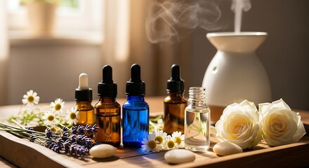 Aromatherapy essential oils diffuser and flowers on a wooden tray.