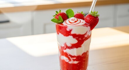 Delicious Strawberry Milkshake with Fresh Berries and Mint.