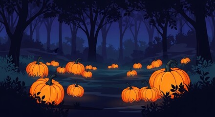 Enchanted Pumpkin Patch Glowing in a Spooky Forest at Night.