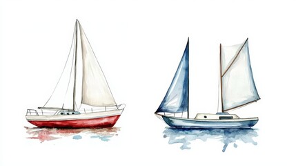 Fototapeta premium Artful depictions of boats in serene watercolor style.