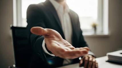 Man in suit gestures while seated at a desk in a bright office - Powered by Adobe