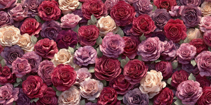 Lush pink and red rose collage, layered petals and soft green leaf accents, romantic floral texture with photorealistic detail