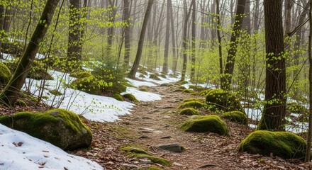 Forest path winding through melting snow and mossy rocks with new green spring leaves