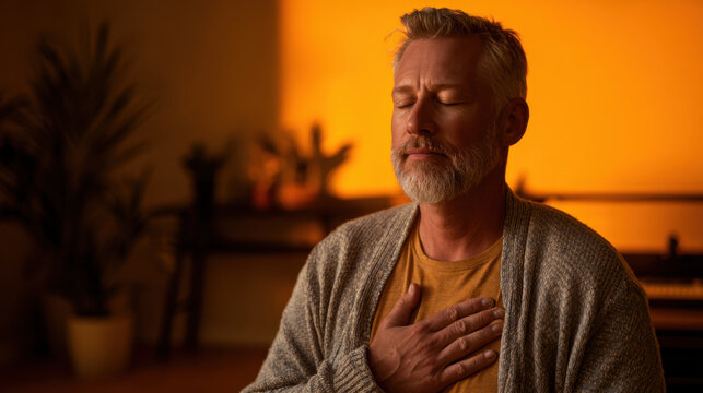 A man meditating with hand on heart practicing metta during golden hour, calm mindful breathing and relaxed posture