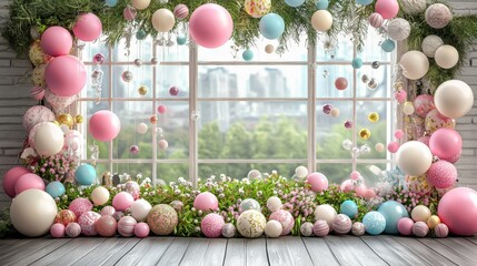 A decorative window scene filled with colorful holiday spirit in the studio.