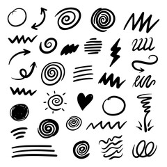 Large doodle sketch elements set with arrow swirl zigzag line shape illustration