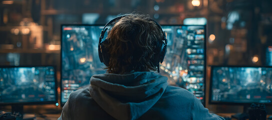 Obraz premium gamer playing game on screen monitor with computer, gaming and esports concept, streamer is streaming online content, hacker hacking the network system, metavers vr and ar