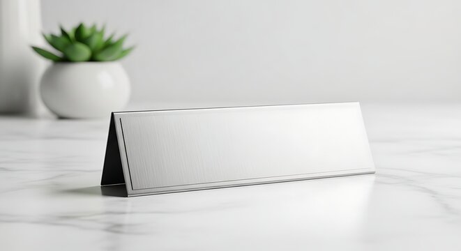 Blank Nameplate on Marble Surface with Plant in Background.