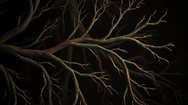 Seamlessly looping abstract organic branching lines reminiscent of growing tree roots in dark earthy colors corporate, art, design