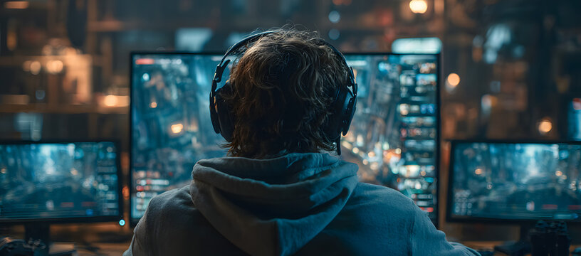 gamer playing game on screen monitor with computer, gaming and esports concept, streamer is streaming online content, hacker hacking the network system, metavers vr and ar