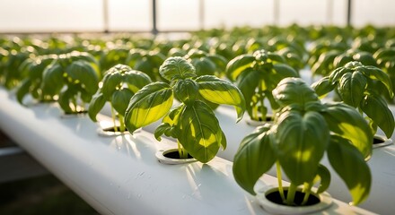 Lush Green Basil Plants Thriving in a Hydroponic System Indoors.