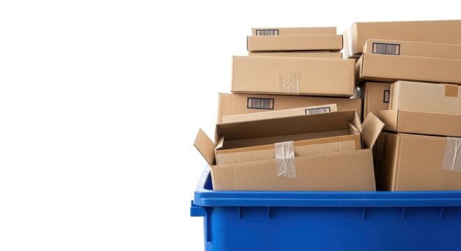 Blue recycling bin overflowing with stacked cardboard boxes ready for environmental disposal.