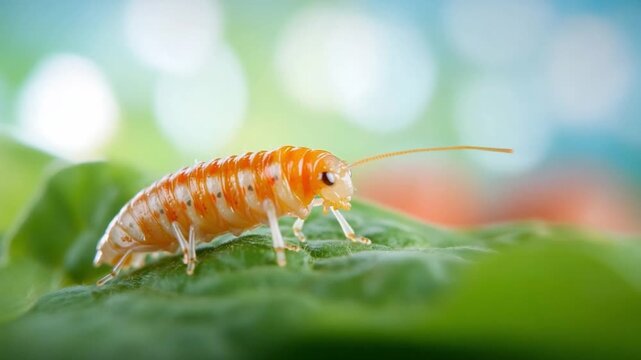 Macro Woodlouse on Leaf: An up-close view of a vibrant orange woodlouse gracefully perched upon a verdant green leaf, showcasing intricate details in its segmented body and delicate antennae.