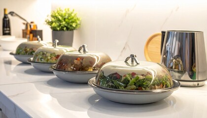 Modern Kitchen Countertop with Covered Dishes and Kettle.